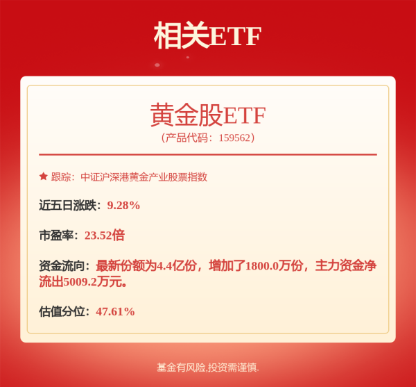 星火牛 黄金股票ETF基金、黄金股ETF基金涨超5%，年内超580亿元资金净流入黄金ETF